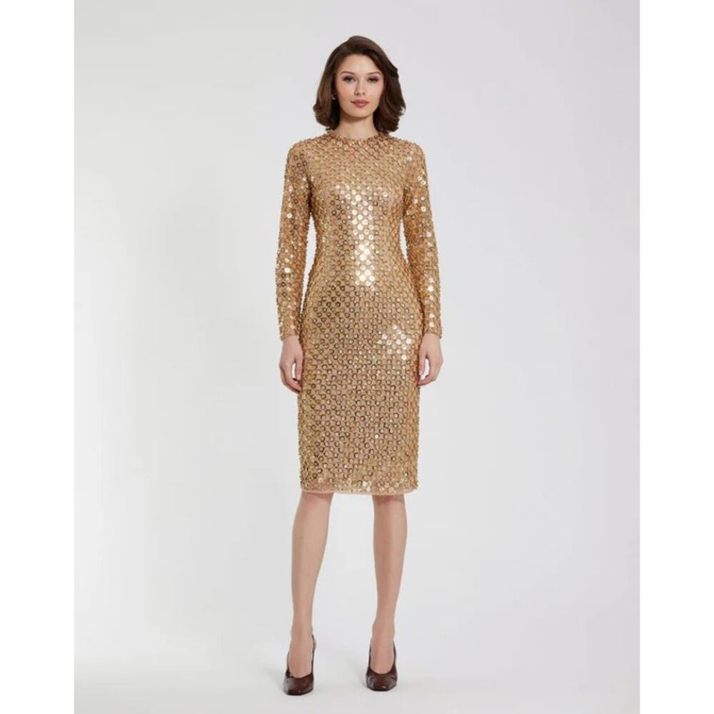 Mac Duggal 94123 Short Beaded Long Sleeve Fitted Midi Dress